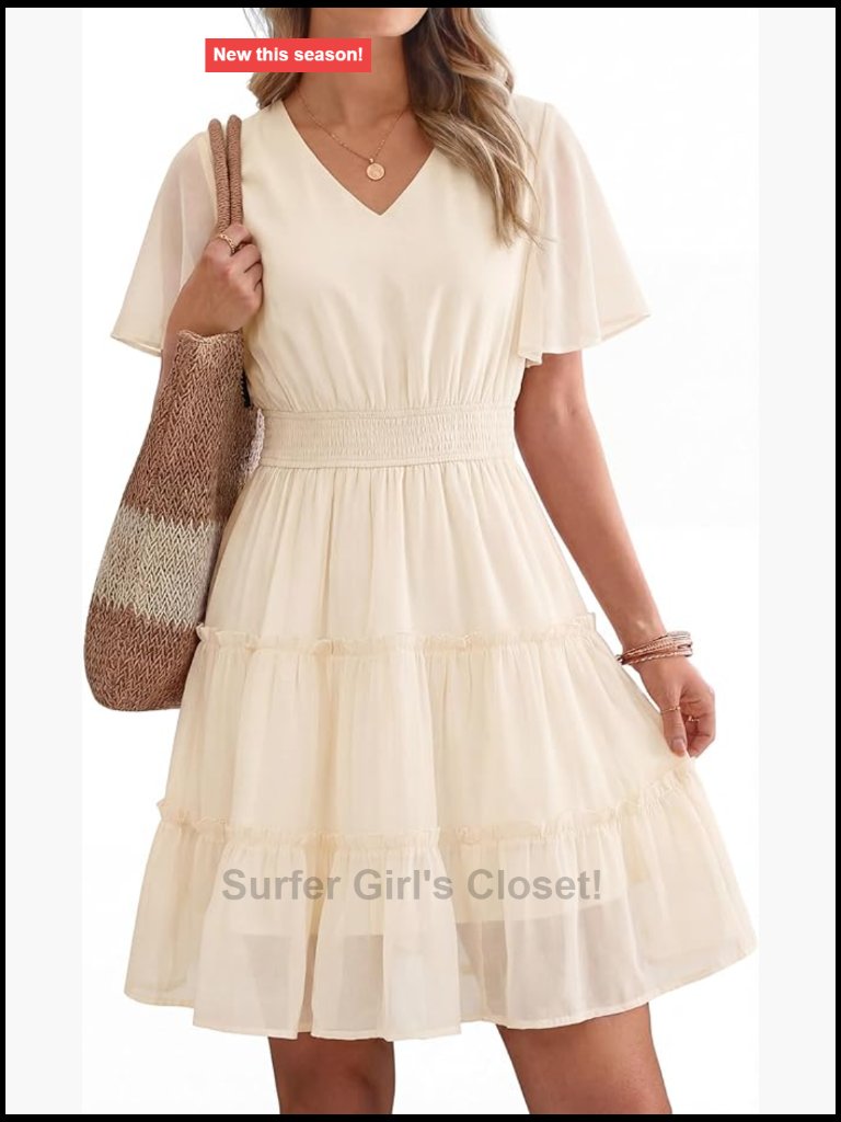 Casual Knee Length A-Line Short Sleeve V-Neck Elastic Boho Beach Dress